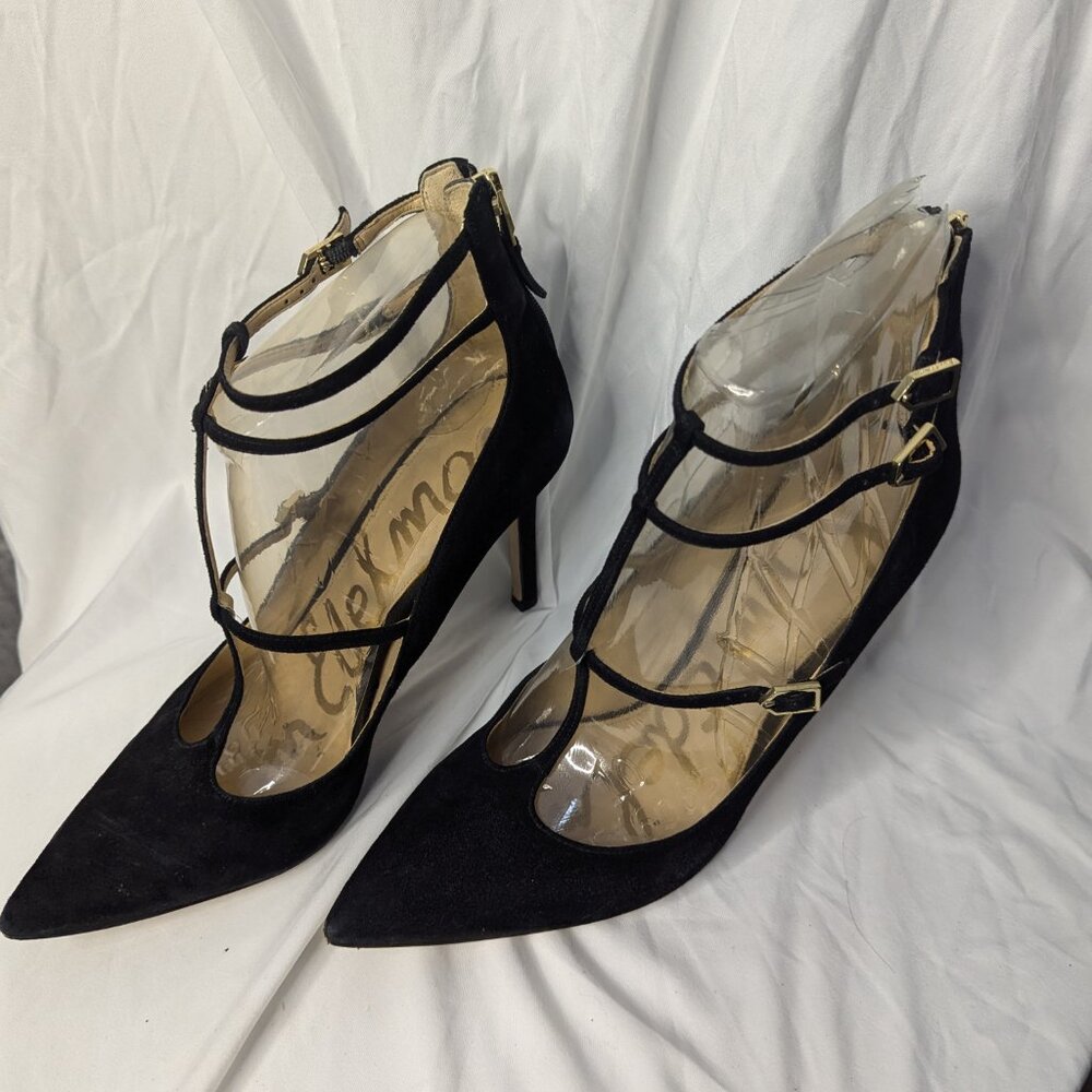 Sam Edelman Black Suede Pointed Toe T Strap/ Ankle Strap Heels